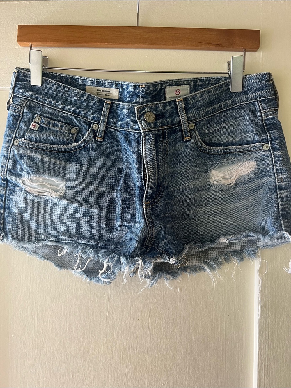Ag Adriano Goldschmied light blue distressed denim cutoff shorts